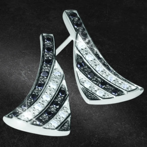 Sterling silver Chess Earrings featuring a curved triangular design with alternating rows of black and clear stones, crafted for women’s elegant jewelry collections.