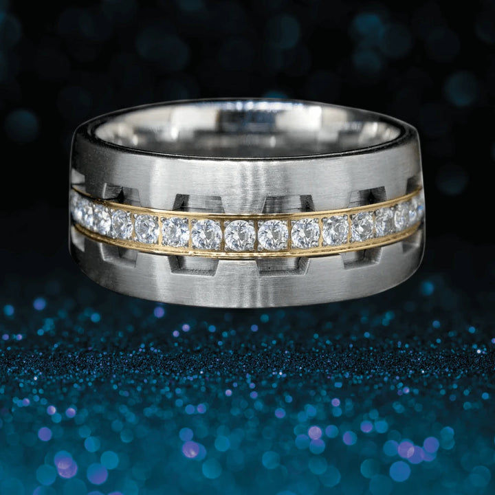 Grand Prix Men's Ring Steel featuring a two-tone stainless steel design with a row of clear sparkling stones, combining modern style and masculine elegance.