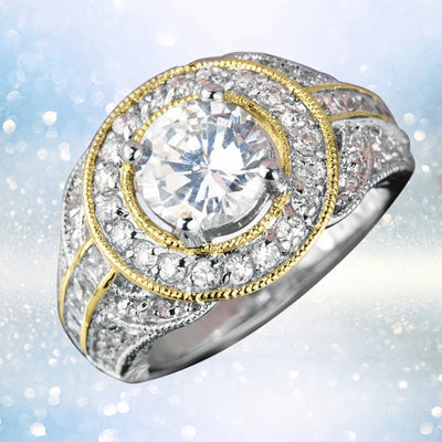 Bel-Air Ring featuring a sterling silver two-tone design with a large central gemstone surrounded by smaller sparkling stones, crafted for women’s elegance and style.