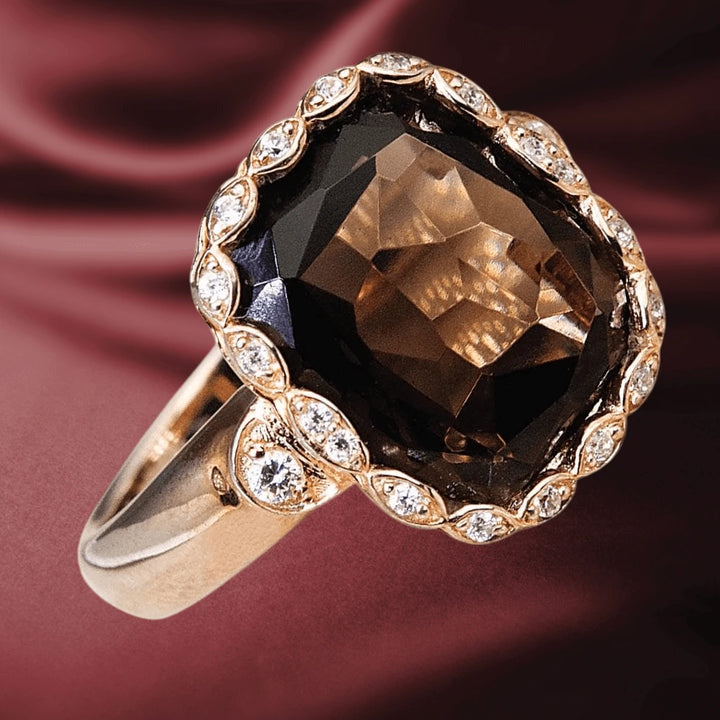 Athena Smokey Quartz Ring featuring a large faceted smokey quartz gemstone set in sterling silver with rose gold plating, accented by sparkling clear stones, designed for women.