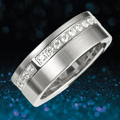 Men's Sentinel Ring crafted from sterling silver featuring a modern design with a row of sparkling stones set in the band, perfect for men's stylish jewelry collections.