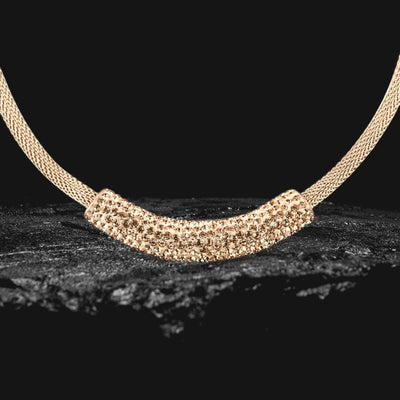 Crystal Contessa Rose Gold Necklace featuring a rose gold plated stainless steel pendant encrusted with crystals on a matching mesh chain, designed for women’s jewelry collections.