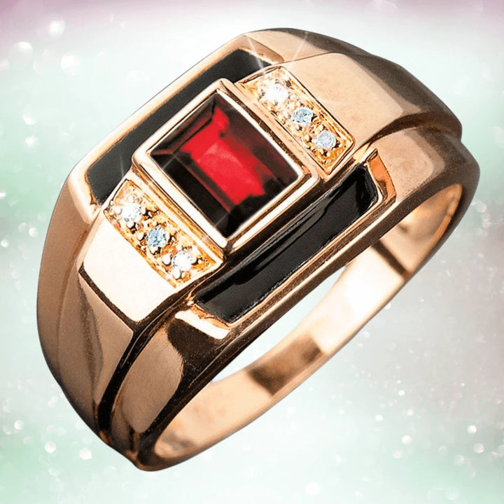 Discovery Rose Gold Ring crafted from sterling silver with rose gold plating, featuring a rectangular red gemstone and small sparkling clear stones, designed for men.