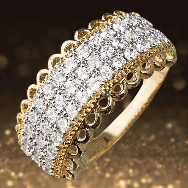 Golden Lace Ring featuring sterling silver with gold plating, adorned with multiple sparkling clear stones, designed for female jewelry lovers.