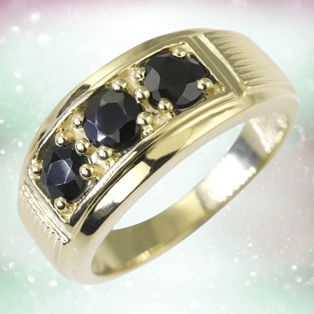 Tuxedo Blue Sapphire Ring featuring three round blue sapphire stones set in a gold-plated sterling silver band designed for men, elegant and bold jewelry piece.