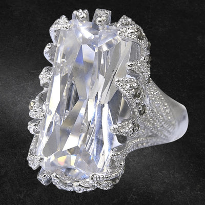 Wild Thorn Rhodium Ring featuring a large rectangular clear gemstone set in sterling silver with intricate rhodium-plated detailing, designed for female jewelry lovers.