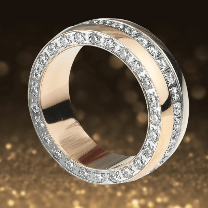Odyssey Gold Ring featuring a unisex stainless steel design with gold plating and a circle of sparkling clear stones, combining elegance and modern jewelry style.