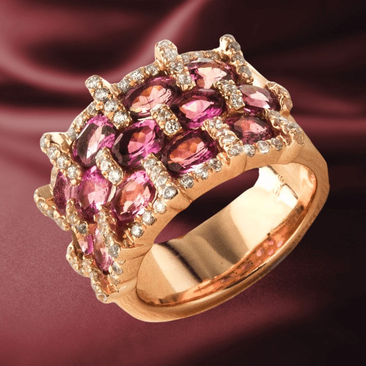 Rosanna Ring featuring rose gold plating over sterling silver with multiple pink gemstones and delicate diamond accents designed for women’s fine jewelry collection.
