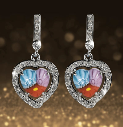 Murano Earrings featuring sterling silver with rhodium plating, heart-shaped design surrounding colorful floral Murano glass accents, elegant women's jewelry piece.