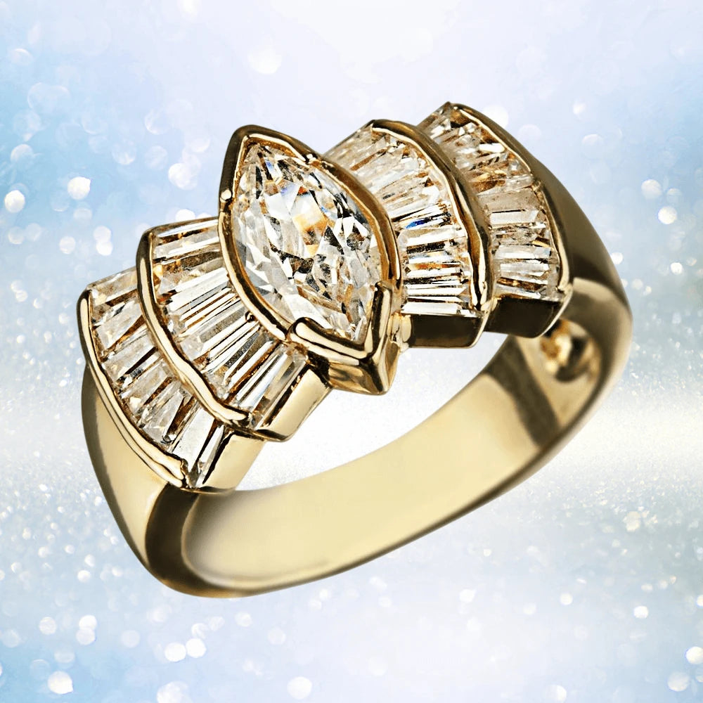 Deco Fan Ring featuring sterling silver with gold plating, designed for women, showcasing a central marquise-cut clear stone surrounded by radiant baguette-cut crystals in an elegant fan shape.