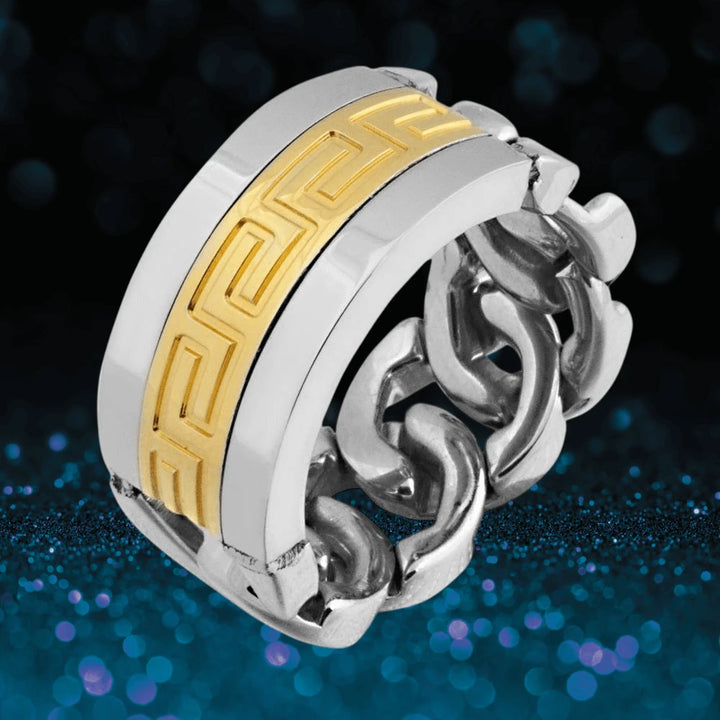Meander Men's Chain Ring crafted from stainless steel with two-tone plating featuring a polished gold geometric pattern and a bold linked chain design for men’s jewelry.