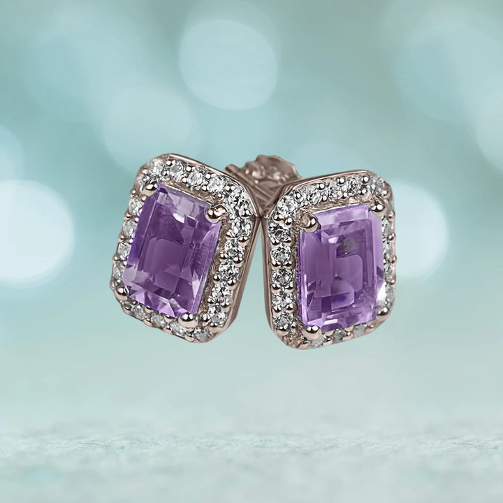 Destiny Amethyst Earrings featuring rectangular amethyst stones set in sterling silver with rose gold plating, surrounded by sparkling accents for elegant women's jewelry.
