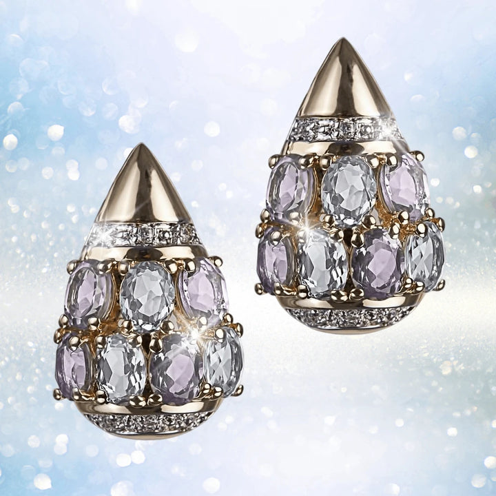 Wysteria Sky Earrings featuring sterling silver with gold plating, adorned with oval lavender and clear gemstones for elegant female jewelry.