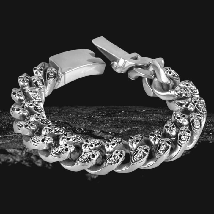 Shadow Skull Bracelet crafted from stainless steel featuring detailed skull links, designed for men with a bold and edgy jewelry style.