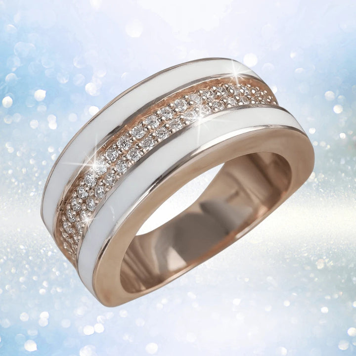 Rosa Ring featuring sterling silver with rose gold plating, adorned with sparkling crystals, designed for women, offering elegant and luxurious jewelry style.