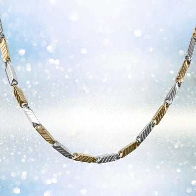 Chevron Steel Necklace featuring two-tone stainless steel links with a sleek chevron pattern, designed for a modern male jewelry collection.