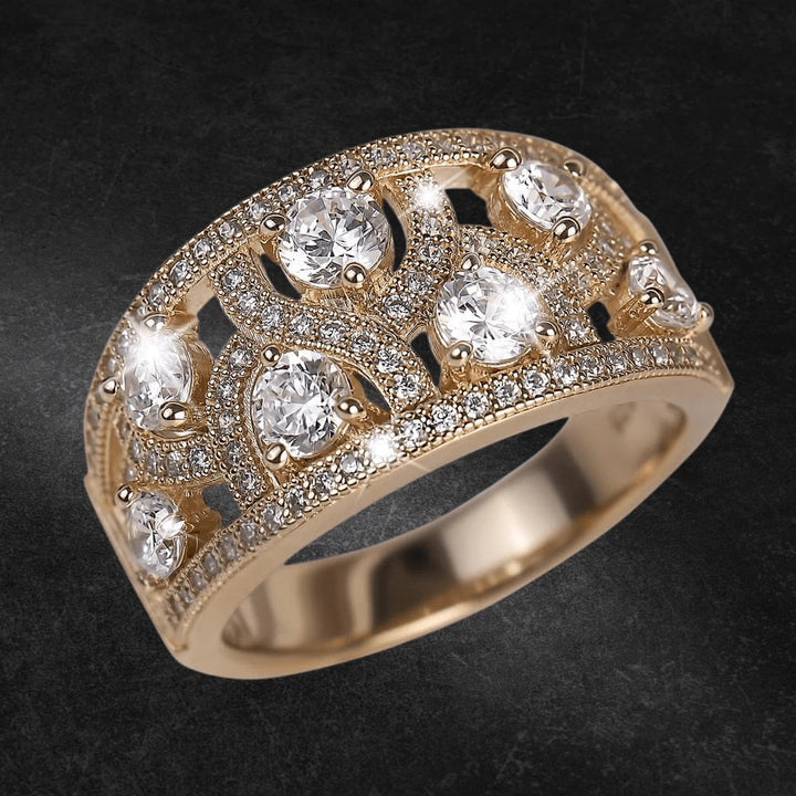 Fountain Ring featuring an intricate design with sparkling clear stones set in sterling silver with gold plating, crafted for a sophisticated female jewelry collection.