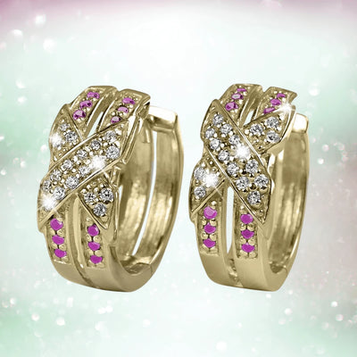 Embrace Gold Earrings crafted in sterling silver with gold plating, featuring sparkling clear stones and vibrant pink accents for an elegant female jewelry statement.