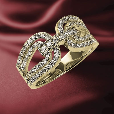Gancini Gold Ring for female featuring sterling silver base with gold plating, adorned with sparkling pavé crystals in an elegant linked design on a rich burgundy background.