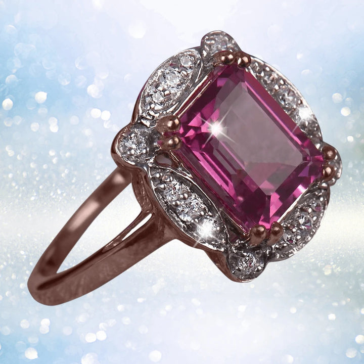 Lille Tourmaline Ring featuring a square pink tourmaline center stone set in sterling silver with rose gold plating and surrounded by sparkling clear stones, designed for women.