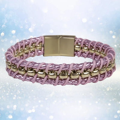 Melrose Pink Leather Bracelet featuring sterling silver beads with gold plating, designed for women, showcasing a stylish and elegant leather braided design.