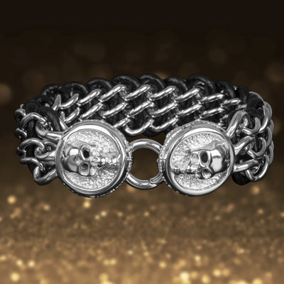 Men's Leather Steel Skull Bracelet featuring a stainless steel chain design with detailed skull accents, combining edgy style with durable materials for men’s jewelry.