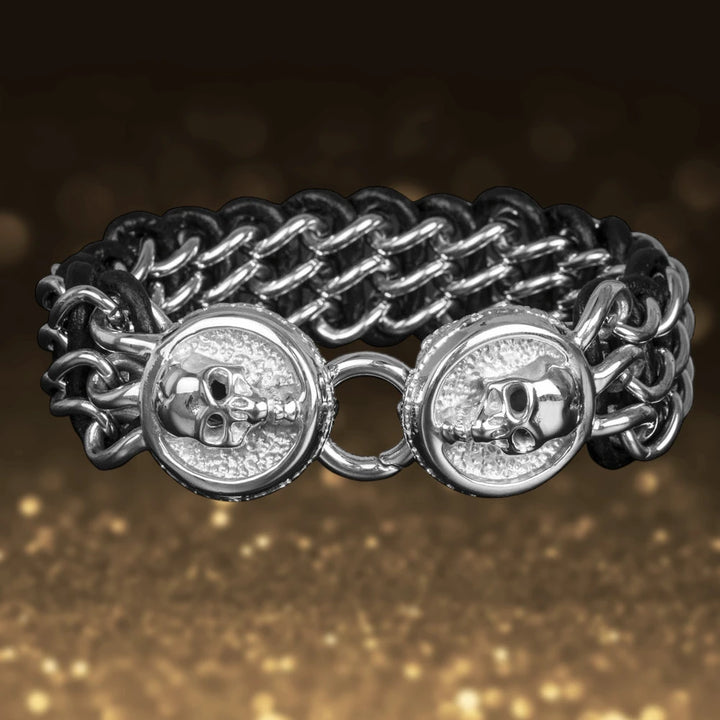 Men's Leather Steel Skull Bracelet featuring a stainless steel chain design with detailed skull accents, combining edgy style with durable materials for men’s jewelry.
