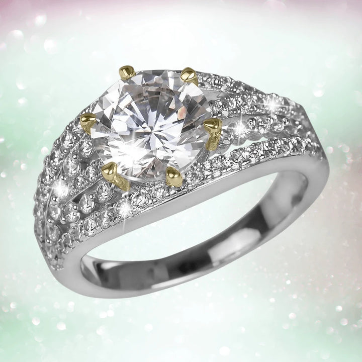 Boutique Ring featuring a two-tone design with a large round centerpiece and sterling silver band adorned with sparkling accents, designed for women.