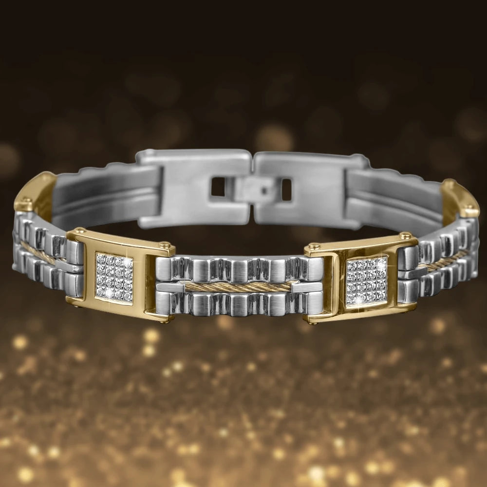 Vector Men's Bracelet featuring a two-tone stainless steel design with gold plating accents and embedded sparkling stones, perfect for stylish men's jewelry collections.