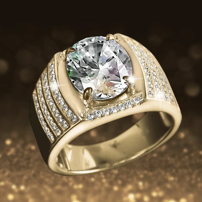 King Men's Ring crafted in sterling silver with gold plating, featuring a large clear gemstone centerpiece and rows of smaller sparkling stones along the band, luxurious jewelry for men.
