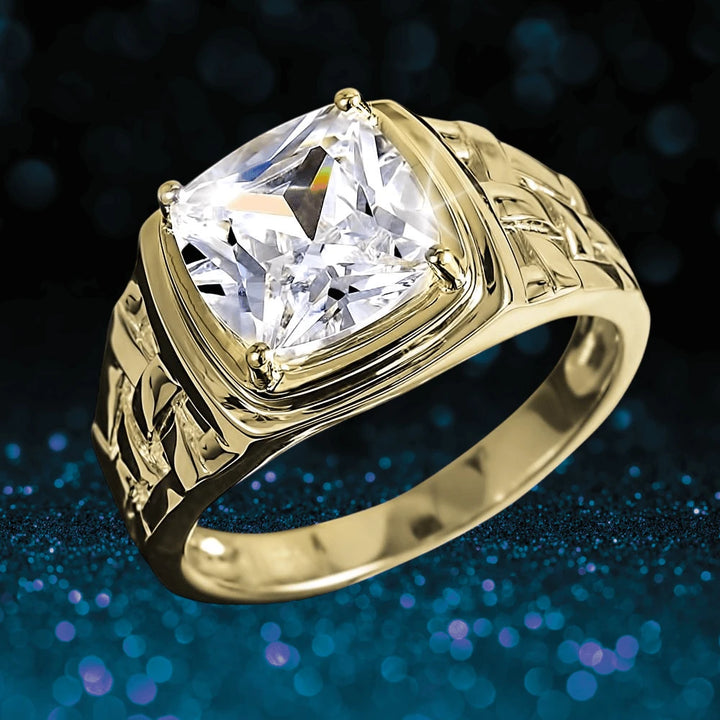 Calvary Men's Ring featuring a sterling silver band with gold plating and a large cushion-cut clear gemstone centerpiece, designed for a bold, elegant look.