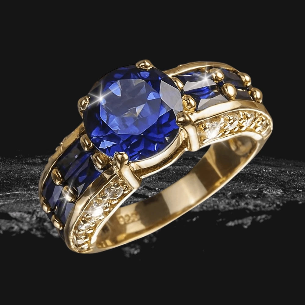 Azura Ring featuring a sterling silver band plated in gold with a large deep blue gemstone center and smaller matching blue stones set along the sides, designed for female jewelry enthusiasts.