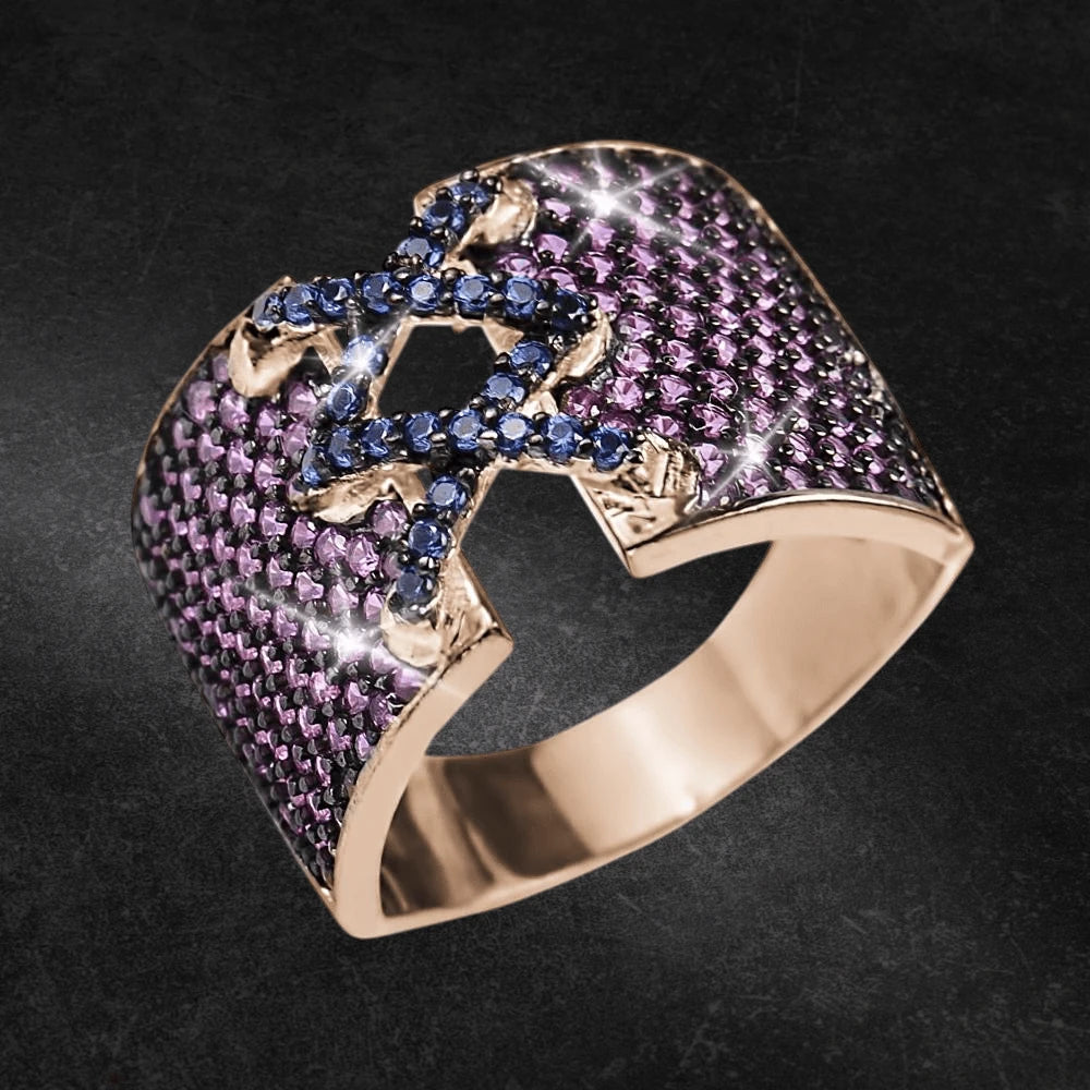Burlesque Ring crafted in sterling silver with rose gold plating, featuring an elegant design accented by purple and blue gemstones, perfect for female jewelry collectors.