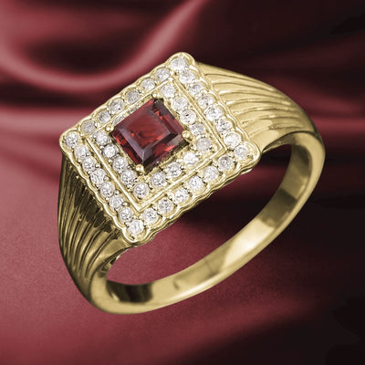 Maximo Diamond & Garnet Men's Ring crafted from sterling silver with gold plating, featuring a square garnet centerpiece surrounded by sparkling diamonds in a bold design.