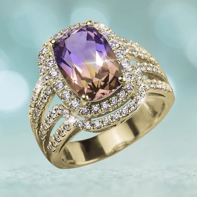 Ametrine Ring featuring a gold-plated sterling silver band adorned with sparkling clear stones and a large cushion-cut ametrine gemstone, designed for women’s jewelry.