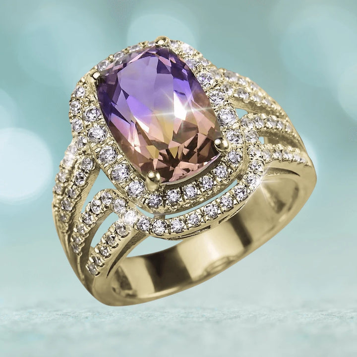 Ametrine Ring featuring a gold-plated sterling silver band adorned with sparkling clear stones and a large cushion-cut ametrine gemstone, designed for women’s jewelry.