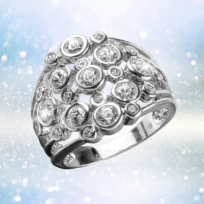Champagne Fizz Rhodium Ring featuring multiple sparkling stones set in sterling silver with rhodium plating, designed for a sophisticated female jewelry collection.