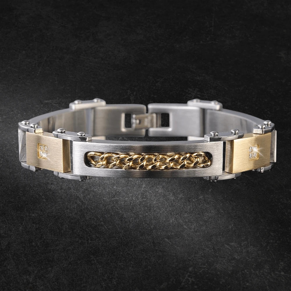Evolver Diamond Bracelet featuring a two-tone stainless steel design with gold chain detail and diamond accents, crafted for males as a stylish jewelry bracelet.