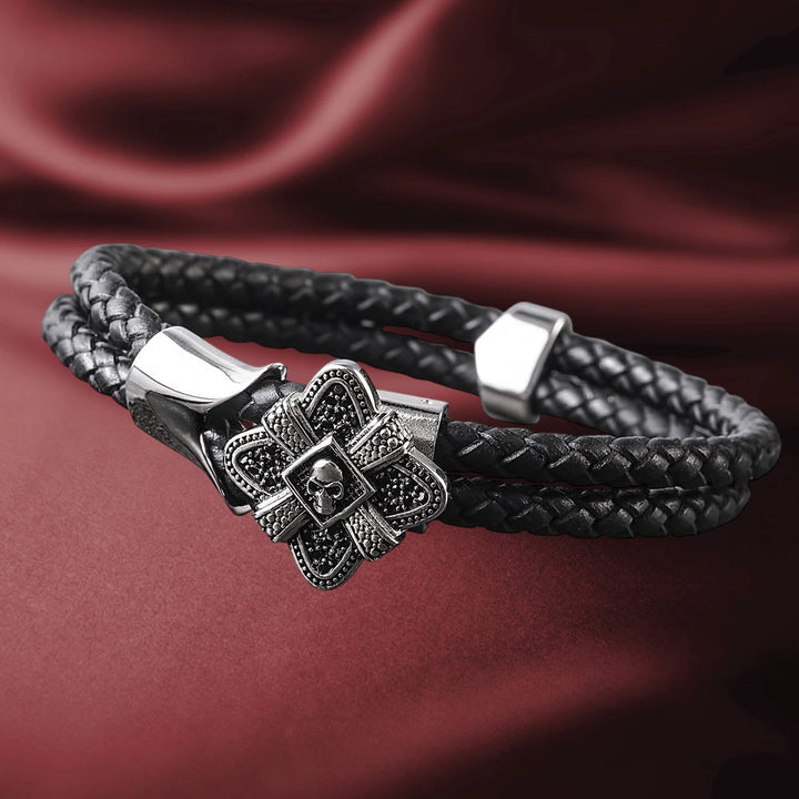 Men's Midnight Skull Steel Bracelet featuring a stainless steel skull charm on a double black braided leather band, showcasing bold and edgy men's jewelry style.