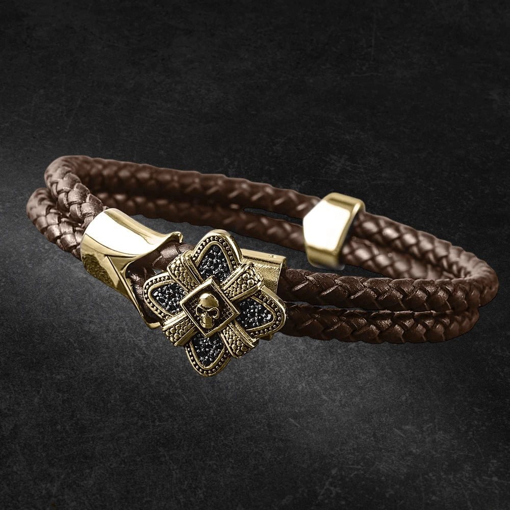 Men's Midnight Skull Gold Fused Bracelet featuring braided brown leather and stainless steel accents with gold plating, designed for men’s jewelry collections.