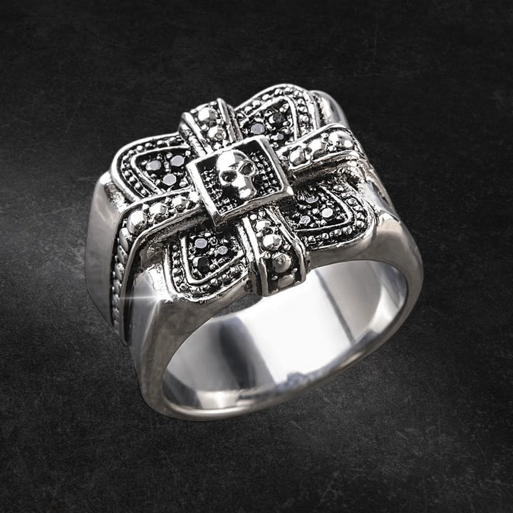 Midnight Skull Steel Ring in stainless steel for men featuring an intricate skull design with black accents and a bold, edgy style perfect for jewelry collectors.