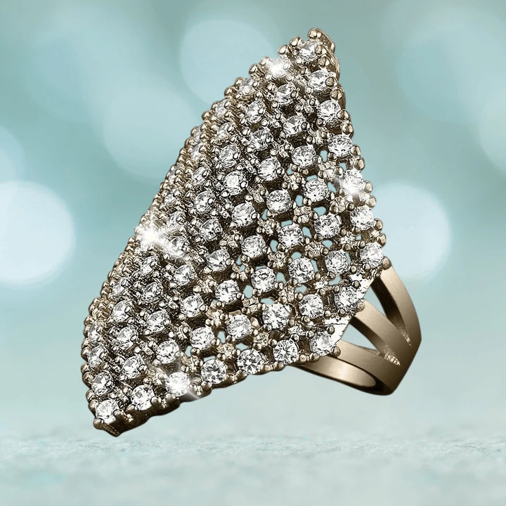 Bella Ring featuring sterling silver with gold plating, designed for women, encrusted with multiple sparkling gemstones in an elegant intricate pattern.