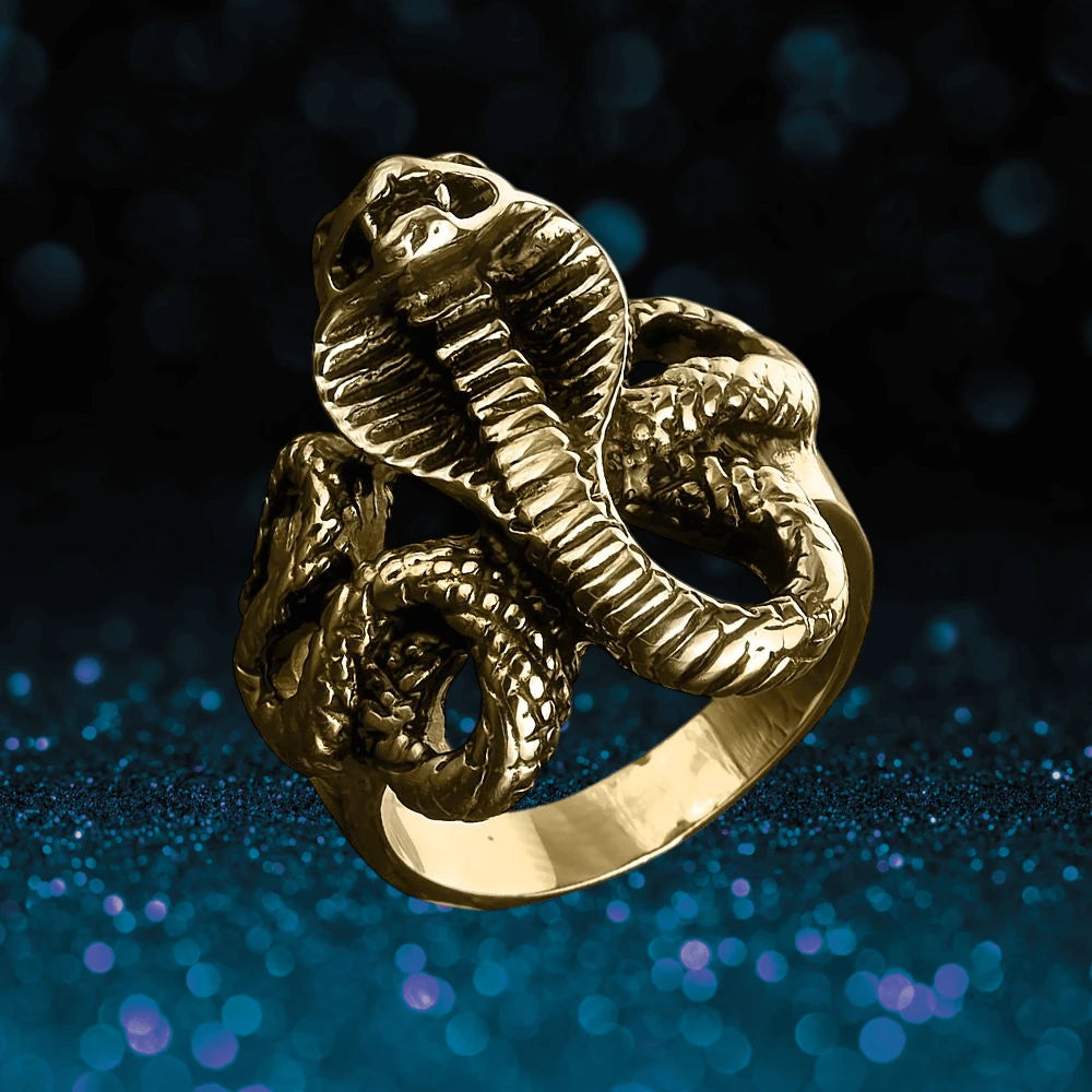 Venom Men's Gold Ring featuring a detailed stainless steel cobra design with gold plating, crafted for men seeking bold and stylish jewelry statement pieces.