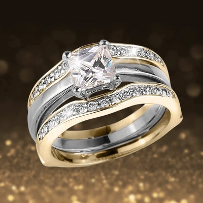 Princess Duo Ring featuring a sterling silver and gold plated design with a central princess-cut clear stone and pavé accents, crafted for female elegance.