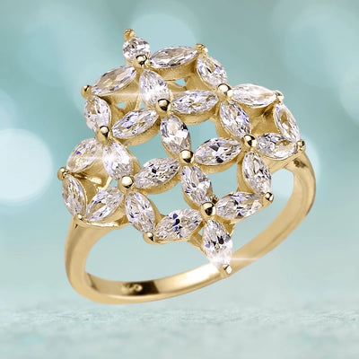 Floretta Gold Ring featuring a sterling silver base with gold plating, adorned with marquise-cut clear gemstones elegantly arranged in a floral pattern.