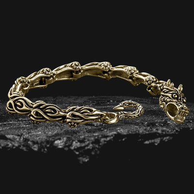Dragons Lair Gold Bracelet crafted from stainless steel with gold plating, featuring an intricate dragon design for a bold, masculine jewelry statement.