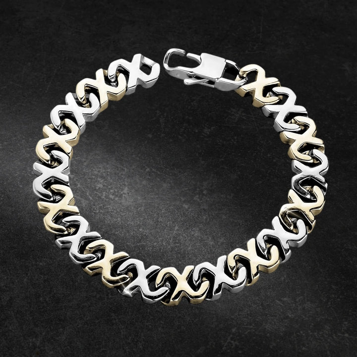 Maximo Steel Bracelet featuring a two-tone stainless steel design with interlocking links, crafted for a sophisticated male jewelry accessory.