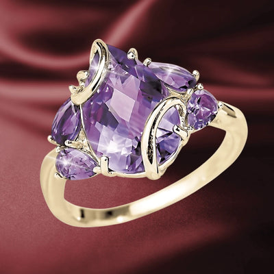 Amethyst Vine Ring featuring a large faceted purple amethyst gemstone set in a sterling silver band with gold plating, designed for women’s elegant jewelry collections.