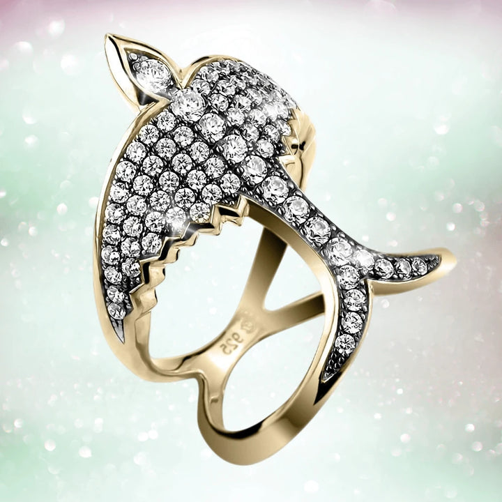 Swallows Return Gold Ring crafted in sterling silver with gold plating, featuring a detailed swallow design adorned with sparkling clear stones for women’s jewelry.
