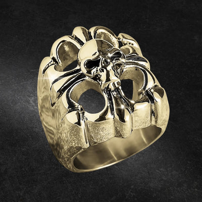 Gold Skull Arena Ring crafted from stainless steel with gold plating, featuring an intricate skull design, perfect masculine jewelry statement piece.